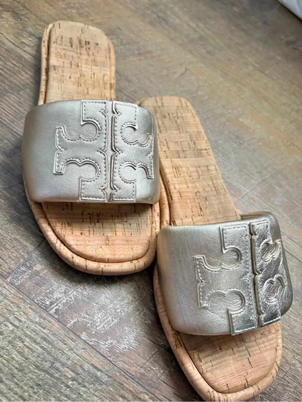 Tory Burch Silver Leather Cork Slide Sandals